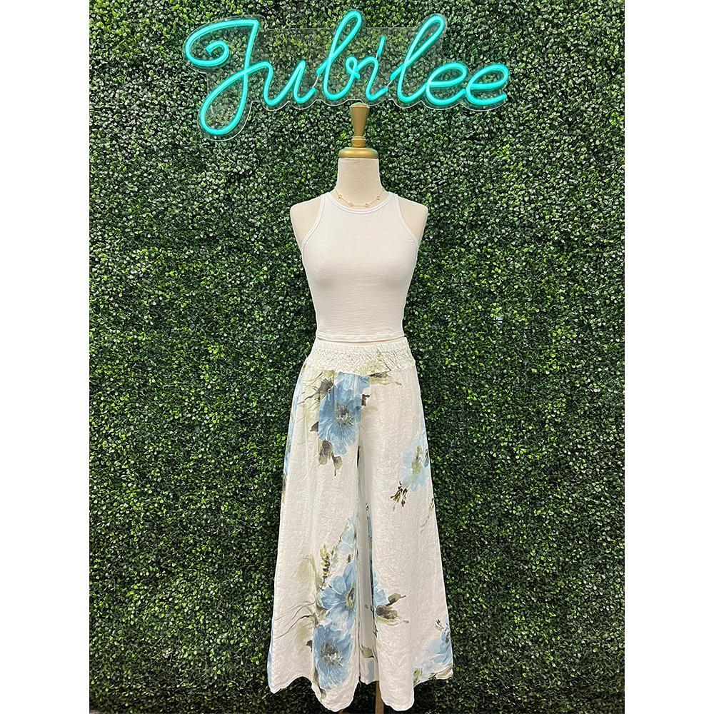 Stella White Floral Print Smocked Pants