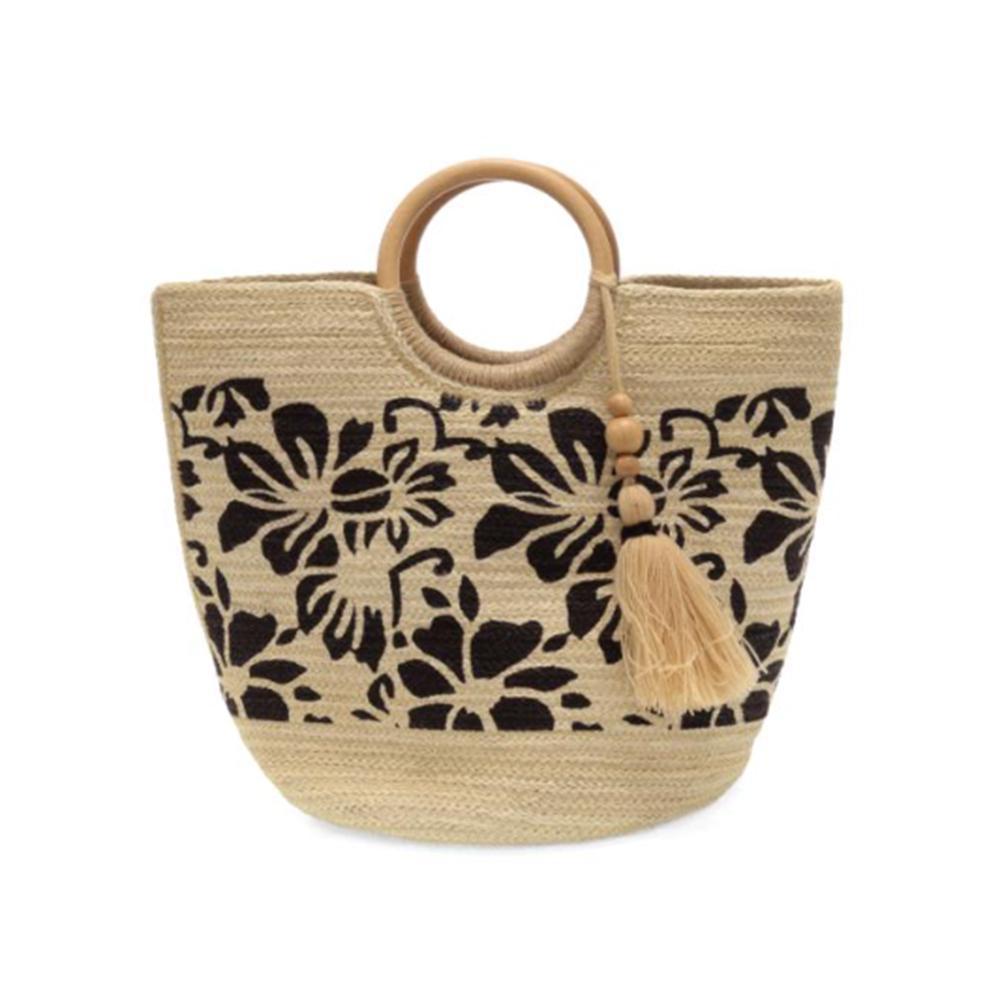 Black Printed Tropical Jute Tote