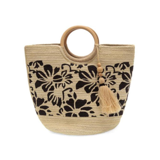 Black Printed Tropical Jute Tote