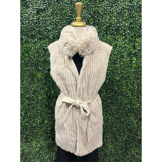 Beige Vertical Ribbed Faux Fur Belted Vest