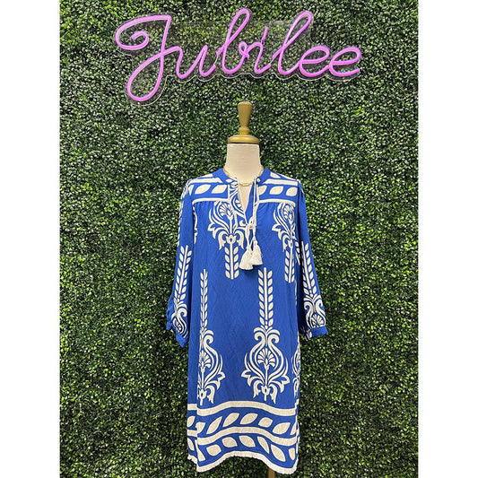 Blue 3/4 Sleeve Dress with Tie Tassel