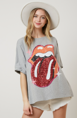 Grey Rolling Stones Sequin Tongue Tee