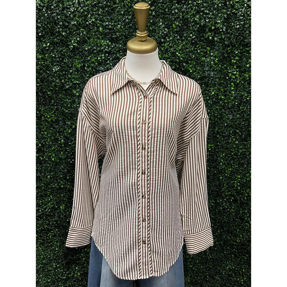 Zelda Brown Stripe Button Down Top