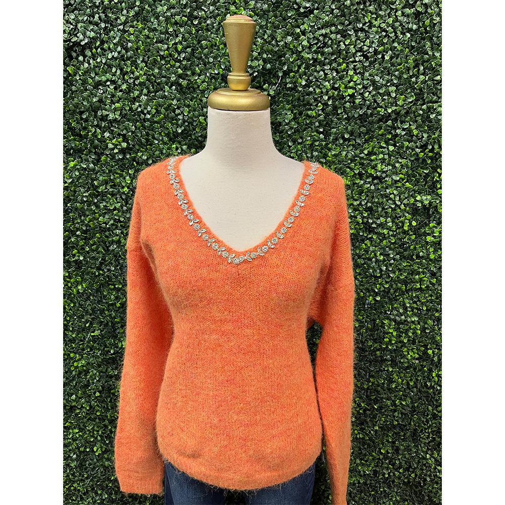 Orange Jewel Neck Pullover Sweater