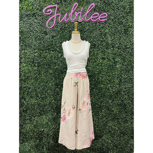 Beige Peony Linen Pants