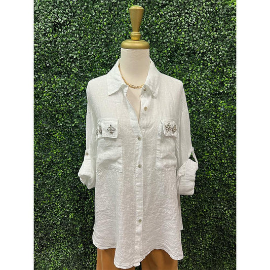 Billie White Jewel Detail Cotton Top