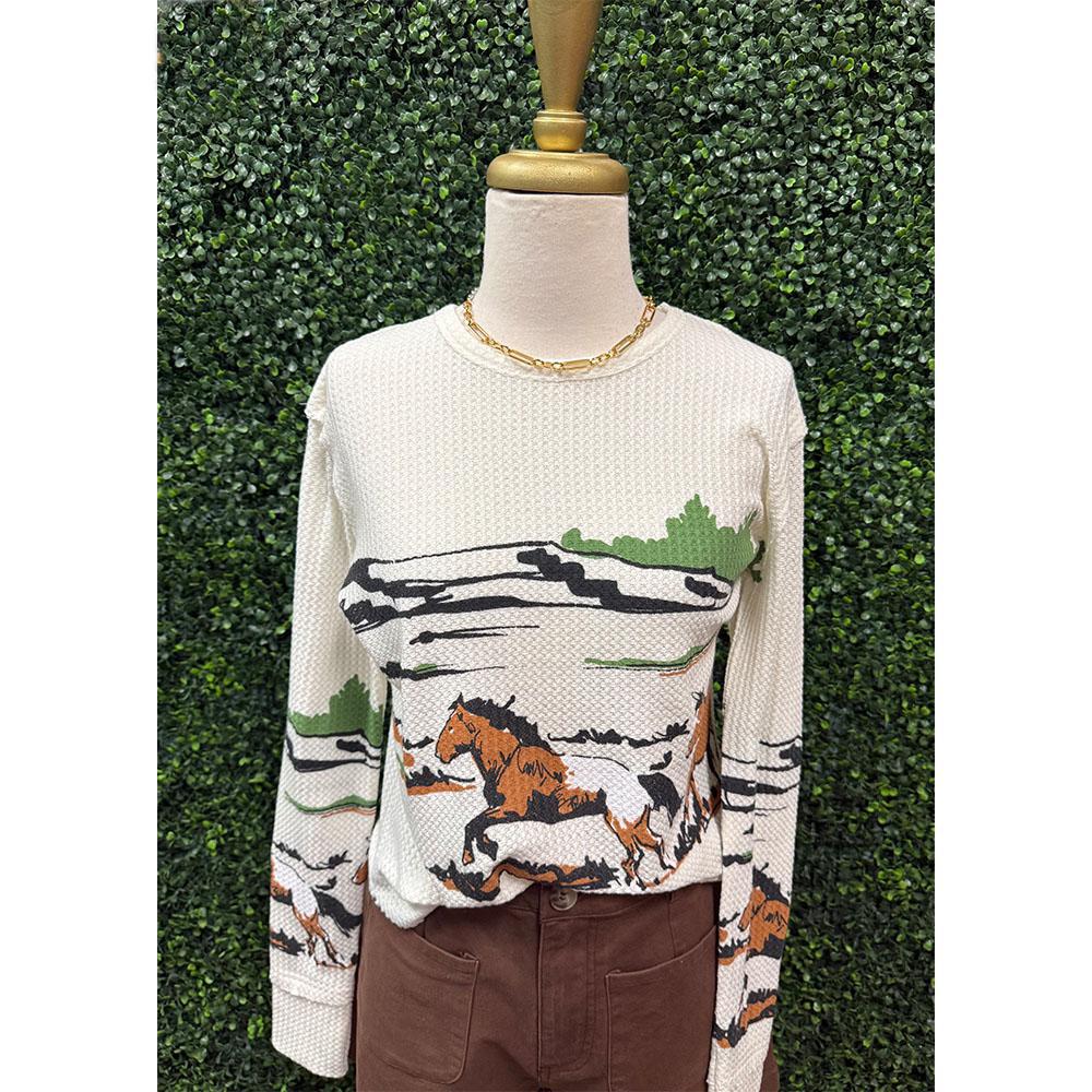Justine Cream Horse Waffle Crew Neck