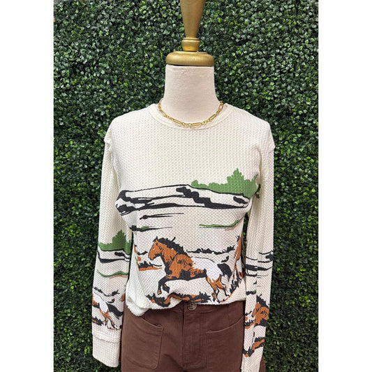 Justine Cream Horse Waffle Crew Neck