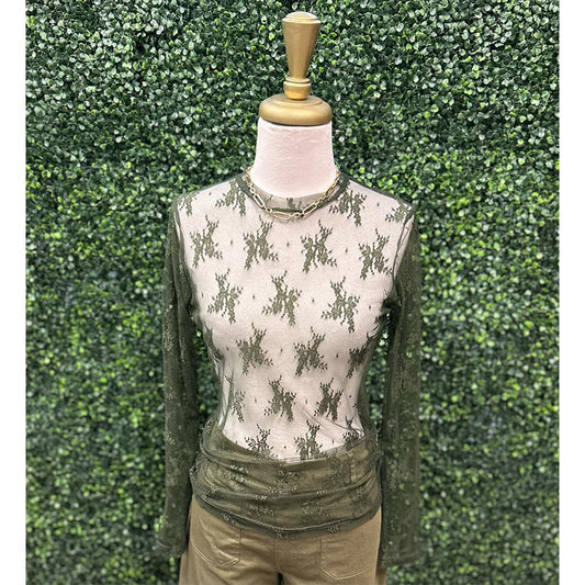 Margo Olive Lace Mesh Top