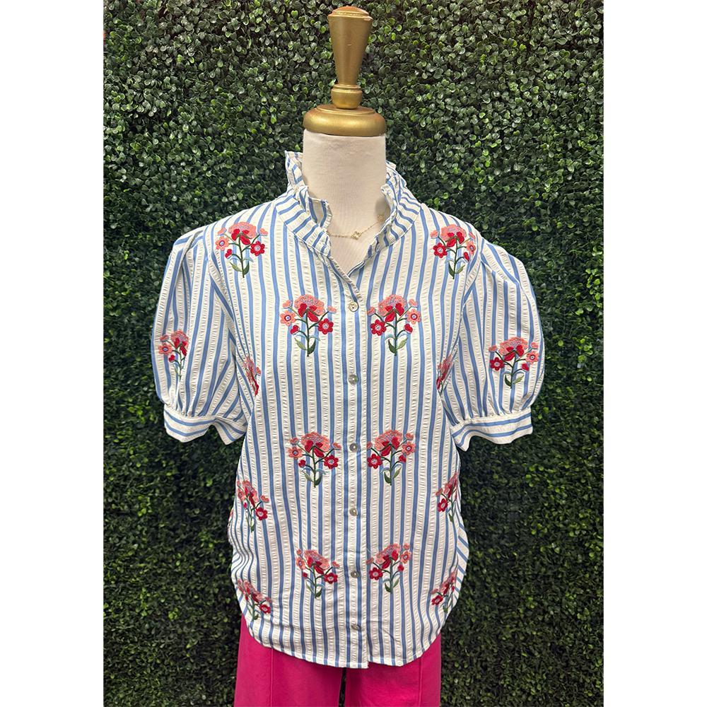 Vanessa Blue Floral Striped Top