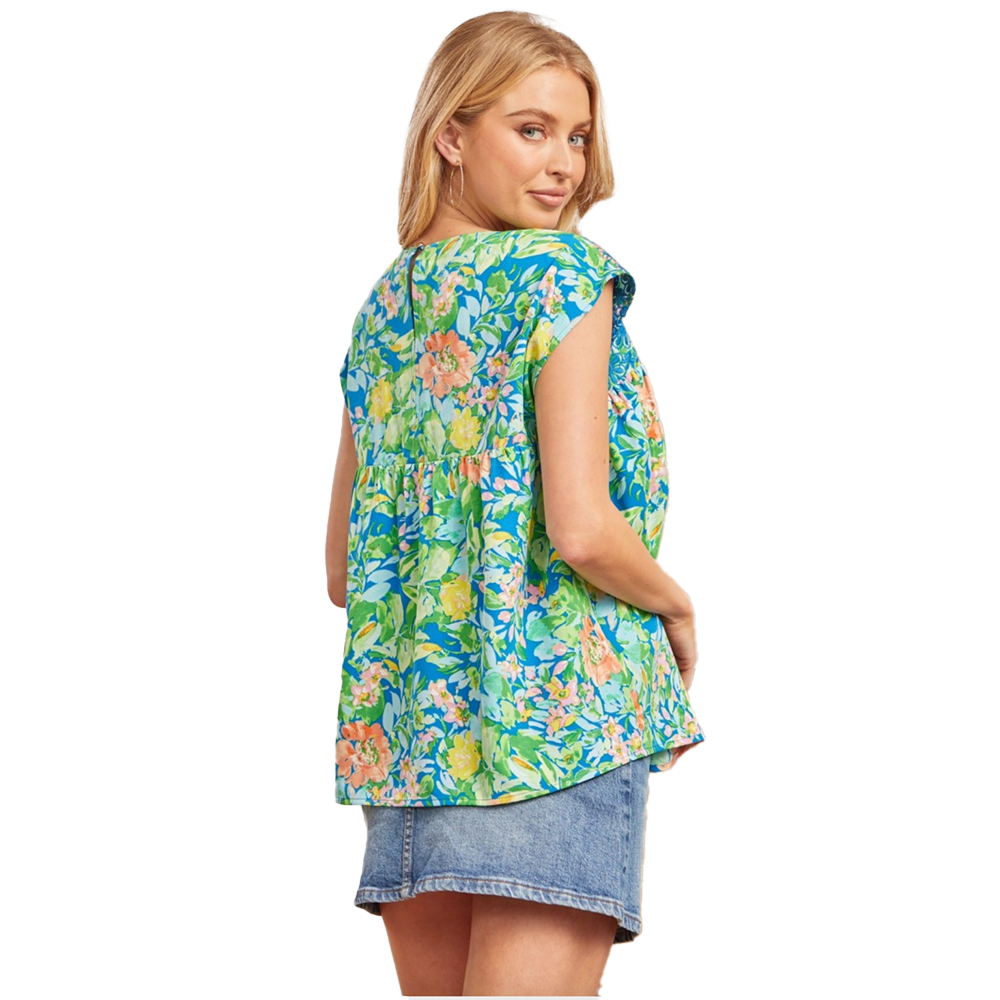 Blue Garden Party Floral Embroidered Top