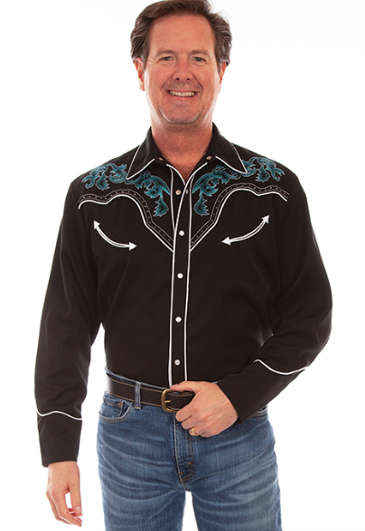 Black/Turquoise Boot Embroidery Western Shirt