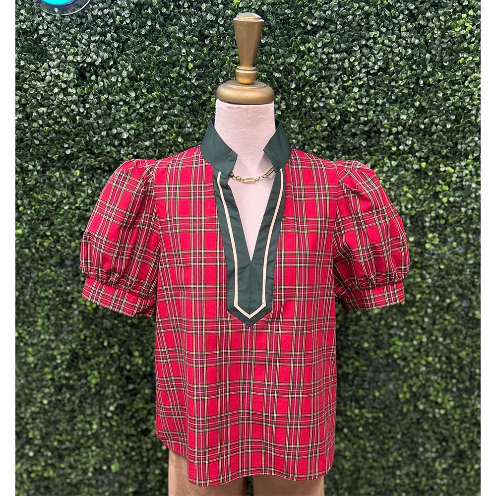 Ava Plaid Pattern V-Neck Top