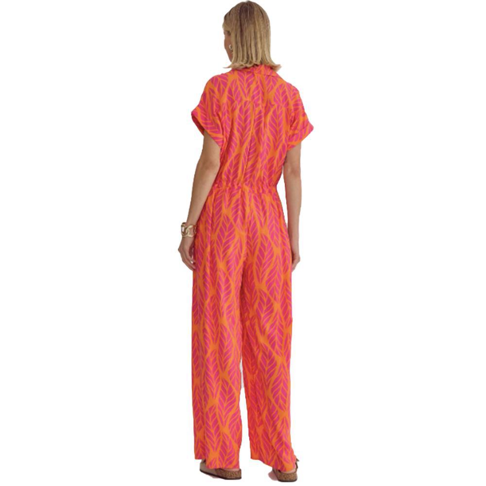 Pink & Orange Leaf Print Collared Jumpsuit