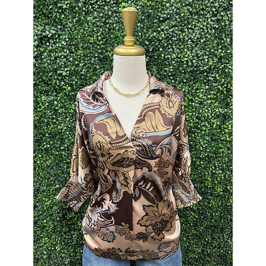 Brown Paisley Print Collared Top