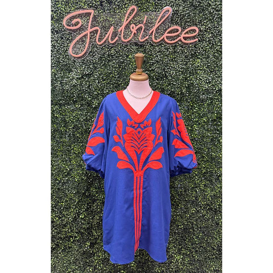Sandi Orange And Blue Baruque Floral Applique Shift Dress