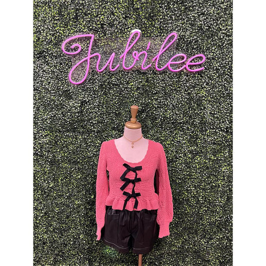 Slate Rose Bow Front Knit Crop Sweater