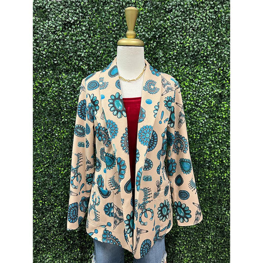 Turquoise Jewelry Print Woven Blazer