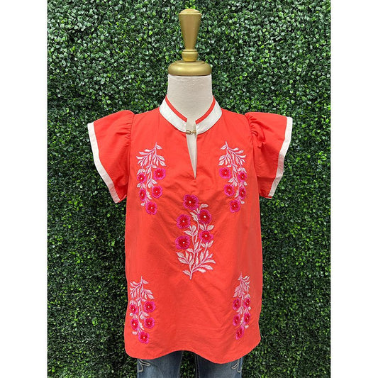 Dawn Tomato Floral Embroidered V-Neck Top