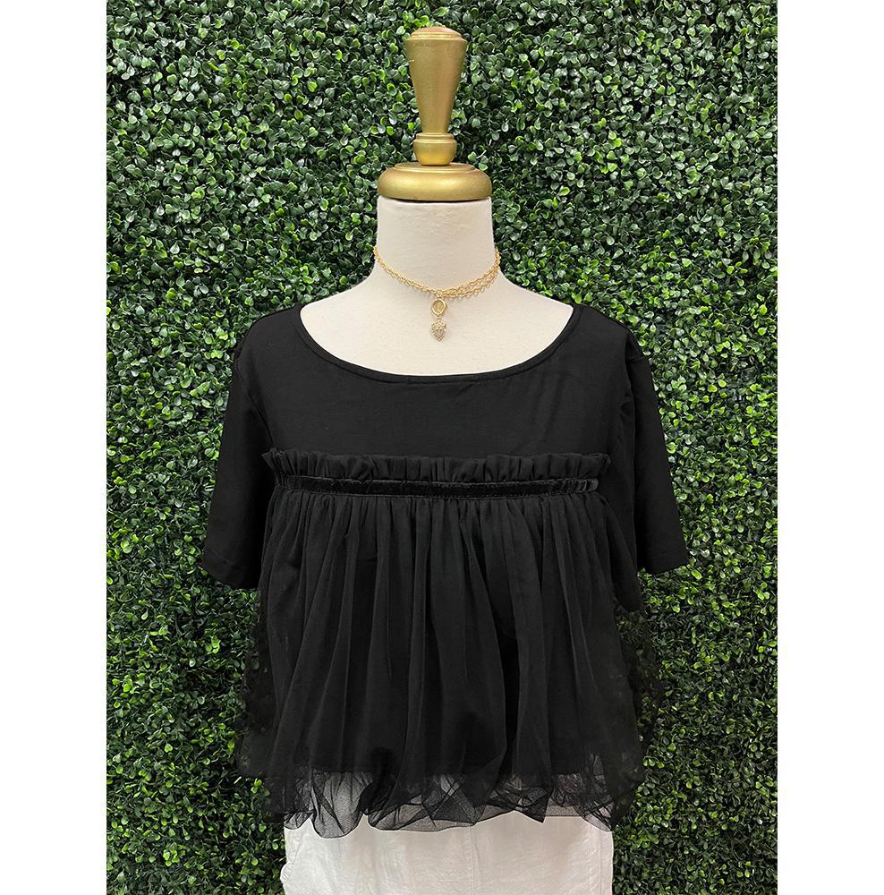 Black Tulle Mesh Short Sleeve Top