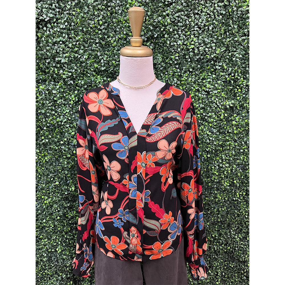 Black Floral Printed Rayon Gauze Woven Top