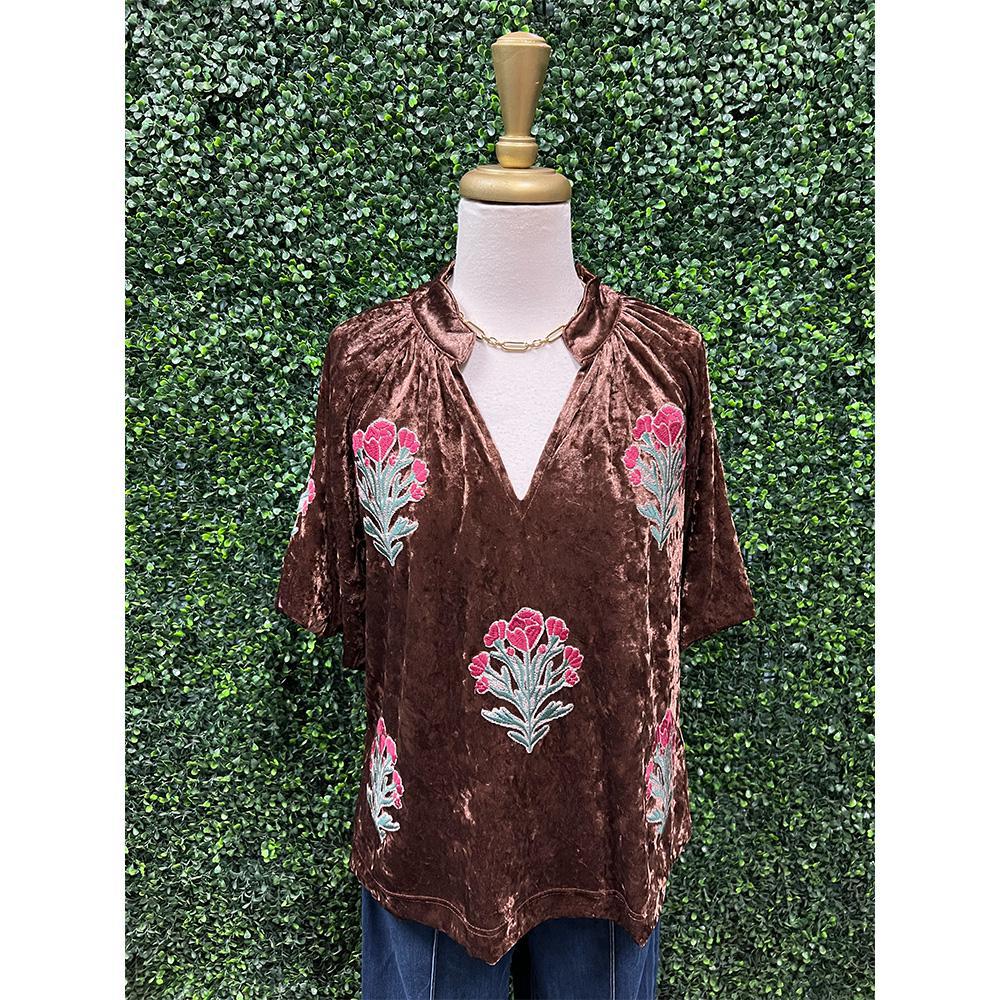 Kristie Mocha Velvet Embroidered Floral Top
