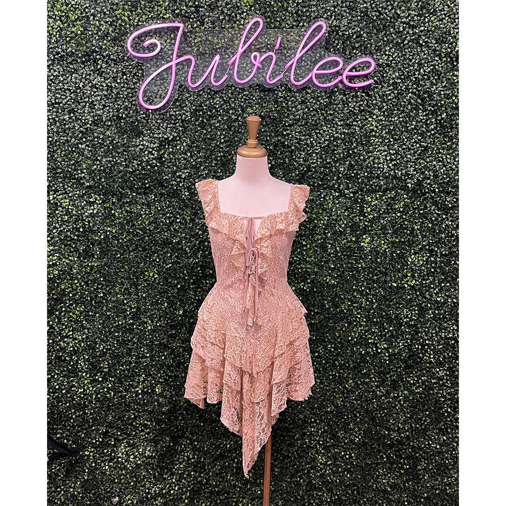 Mae Taupe Square Neck Lace Ruffle Dress