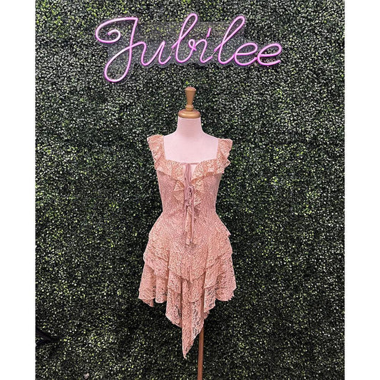 Mae Taupe Square Neck Lace Ruffle Dress