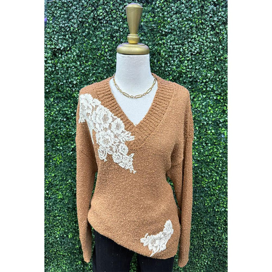 Cindi Mocha Lace Patched Sweater Top