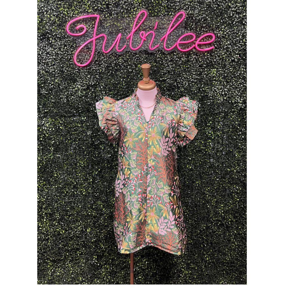 Lilliana Green Botanical Jacquard Dress