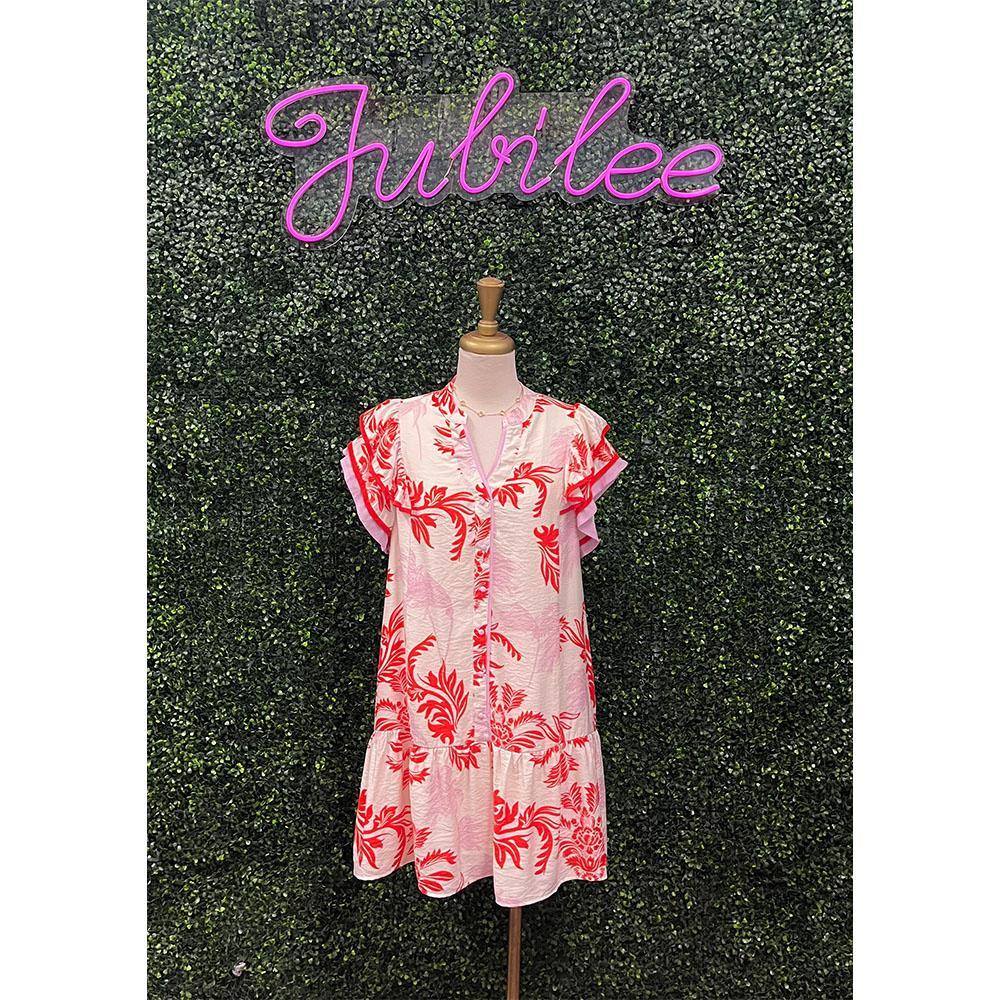 Rosie Tomato Pointed Collar Button Down Mini Dress