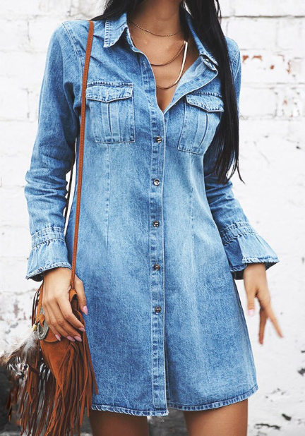 Denim Washed Button Down Long Sleeve Dress