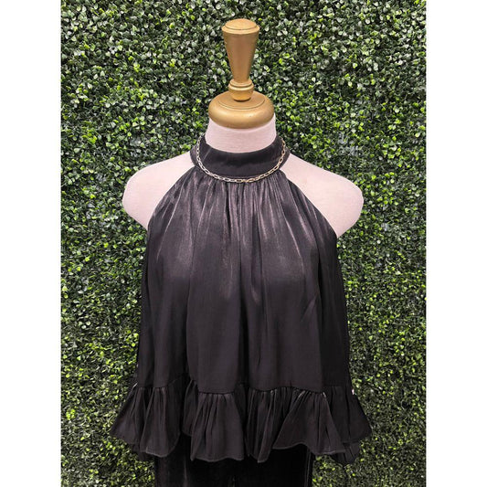 Hera Black Metallic Ruffle Halter Top