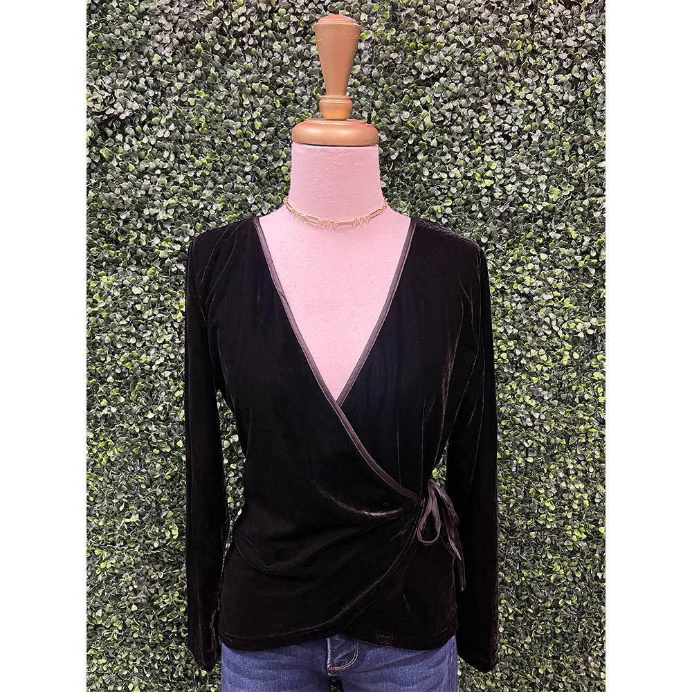 Black Solid Stretch Velvet Wrap Top