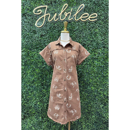 Coffee Western Print Dress