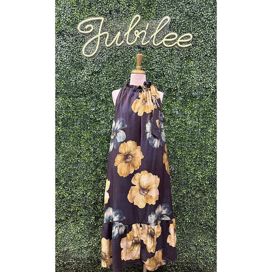Penelope Black Floral Ruffle Midi Dress