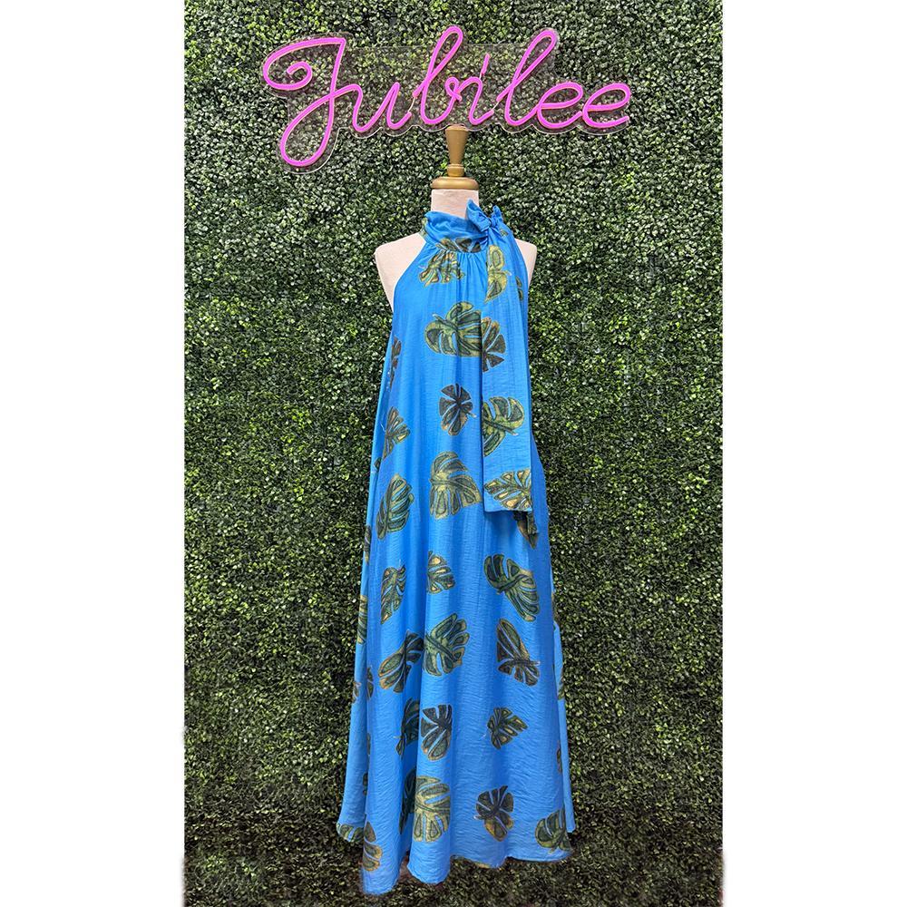 Vanya Blue Leaf Print Maxi