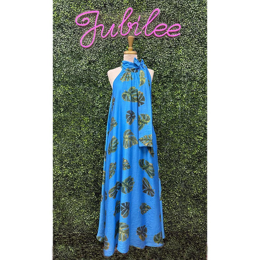 Vanya Blue Leaf Print Maxi