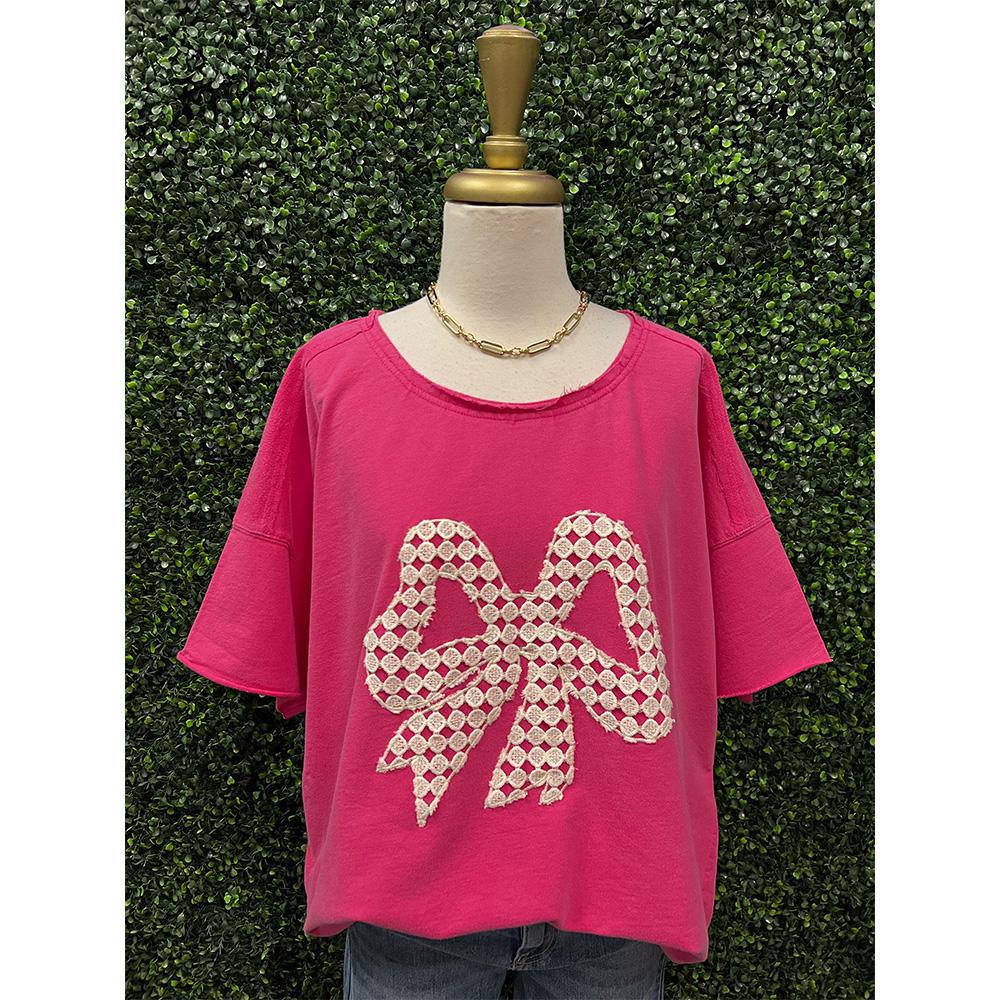 Lacey Pink Bow Applique Top