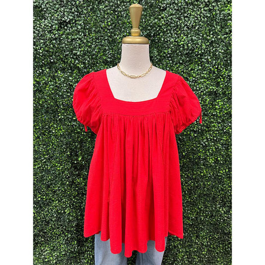 Cherry Puff Sleeve Square Neck Top