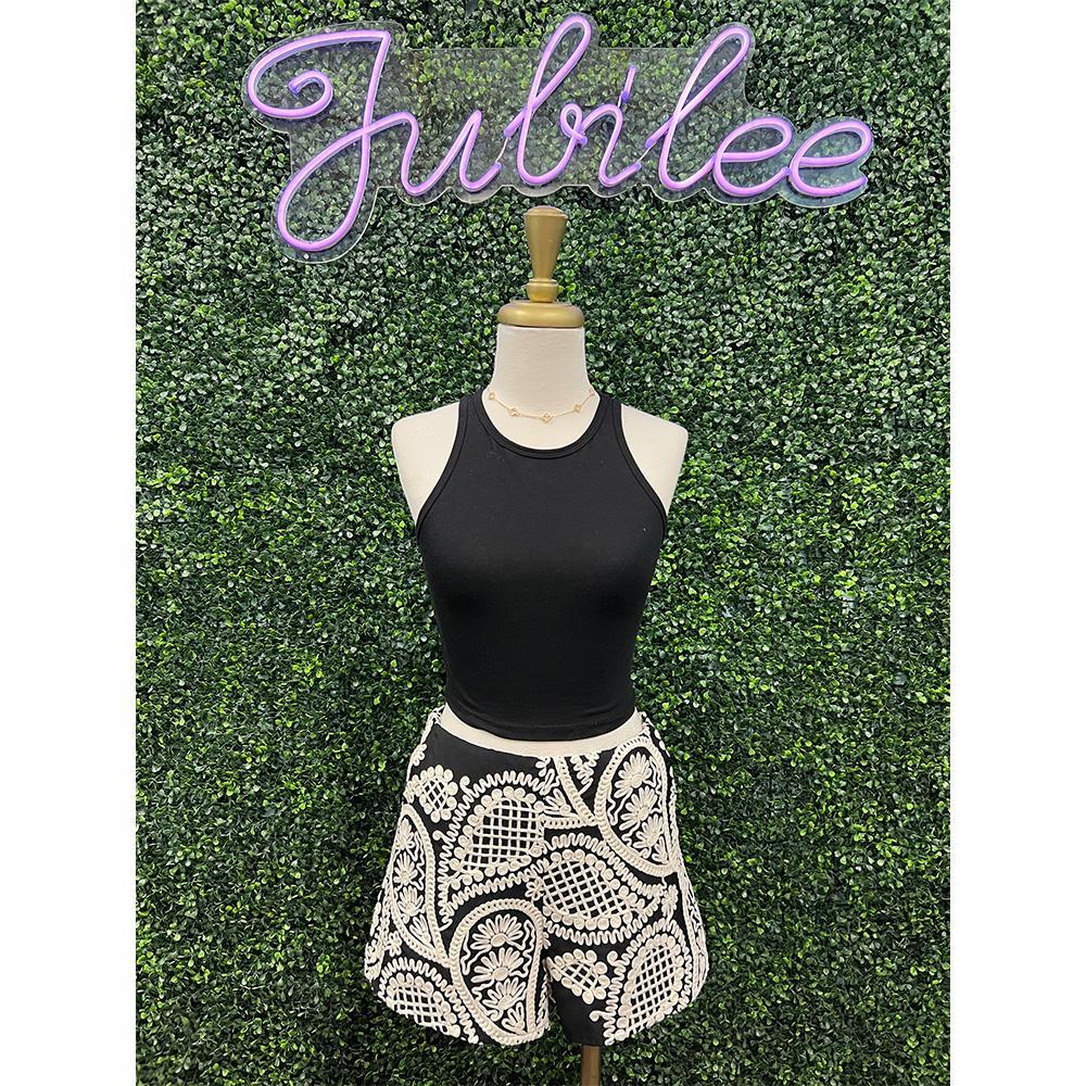 Inessa Black & Ivory Embroidered Shorts