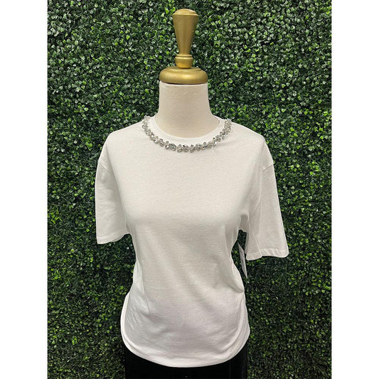 Elain Neck Embellish Tee in White
