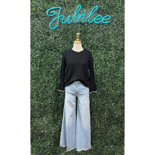 Leah Light Wash Fringe Wide Leg Jeans