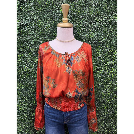 Rust Shirred Peasant Blouse