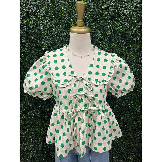 PRE-ORDER Betty Green Polka Dot Peplum Top