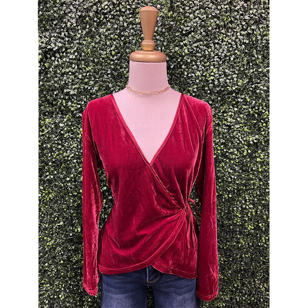 Berry Solid Stretch Velvet Wrap Top