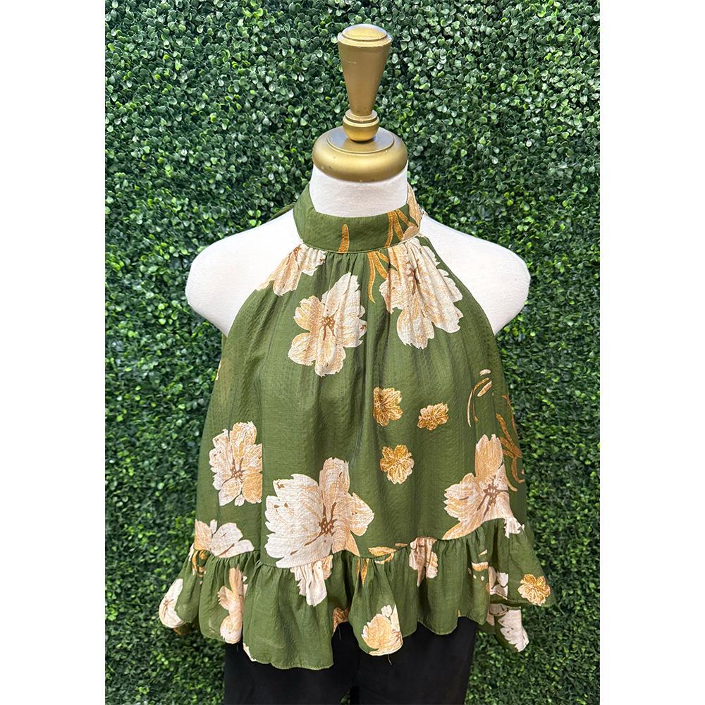 Liz Olive Floral Ruffle Hem Top