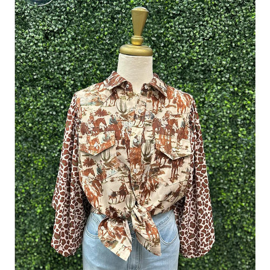 Cowboy Cheetah Pearl Snap Blouse