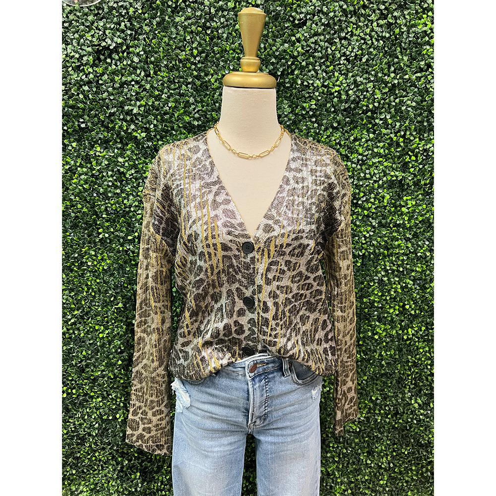 Leopard Metallic V-Neck Button Down Cardigan