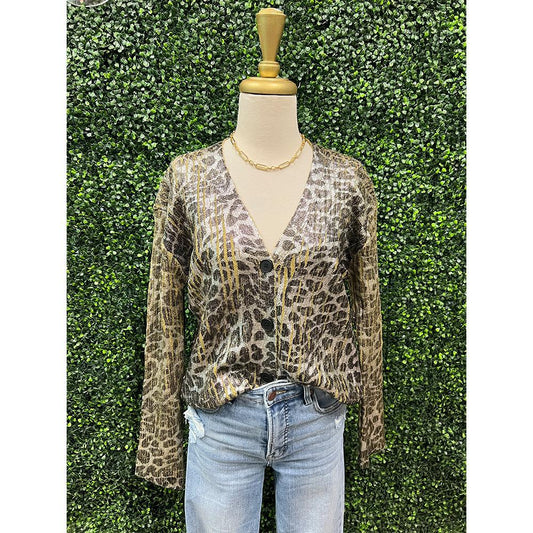 Leopard Metallic V-Neck Button Down Cardigan